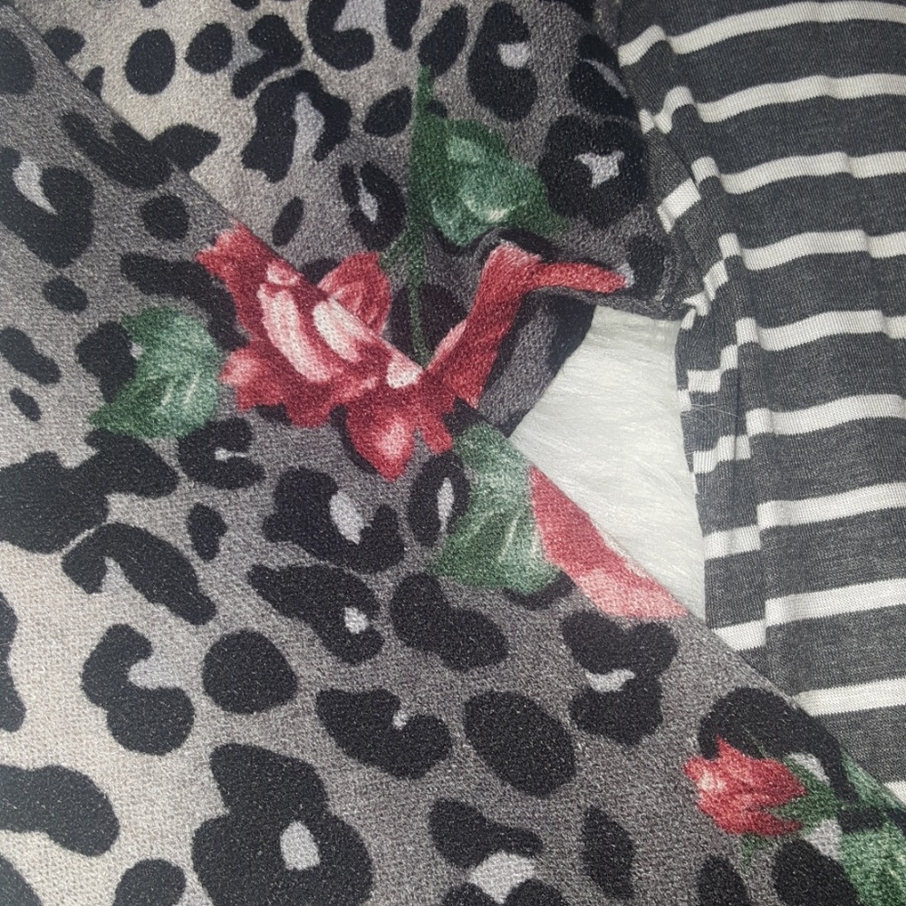 Grey Stripe Hoodie with Leopard and Floral Sleeves - Picture 2 of 4
